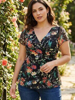 INC International Concepts Black Floral Top with Flutter Sleeves